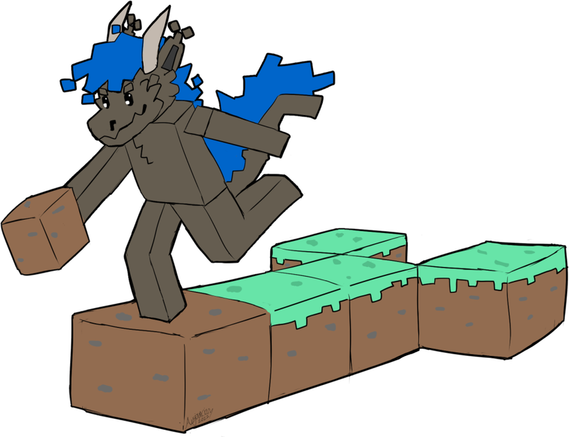 Floofderg, the server's blue-maned derg mascot, bounding across Minecraft blocks
